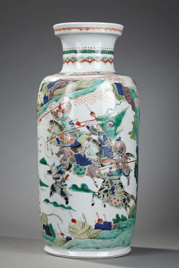 Rare vase  porcelain "Famille Verte"  with  horsemen and warriors  and  numerous swallows , tiger, leopard and mythical animal